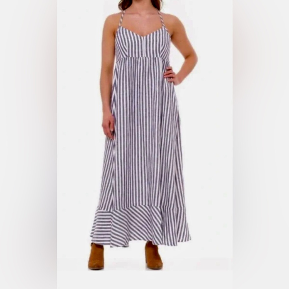 ANTIBES BLANC Navy and White Stripe Linen Midi Sun Dress Size 10